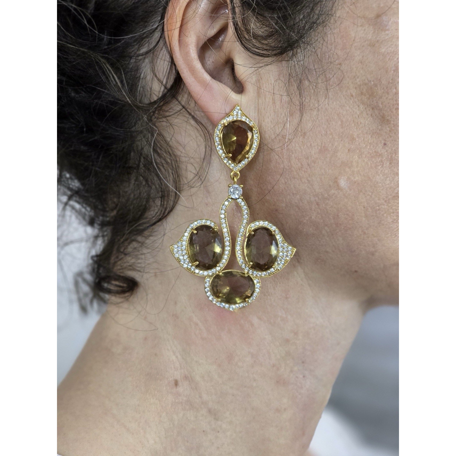 Champagne Quartz Chandelier Long Earrings With Pav Halo In Gold, Gift For Her